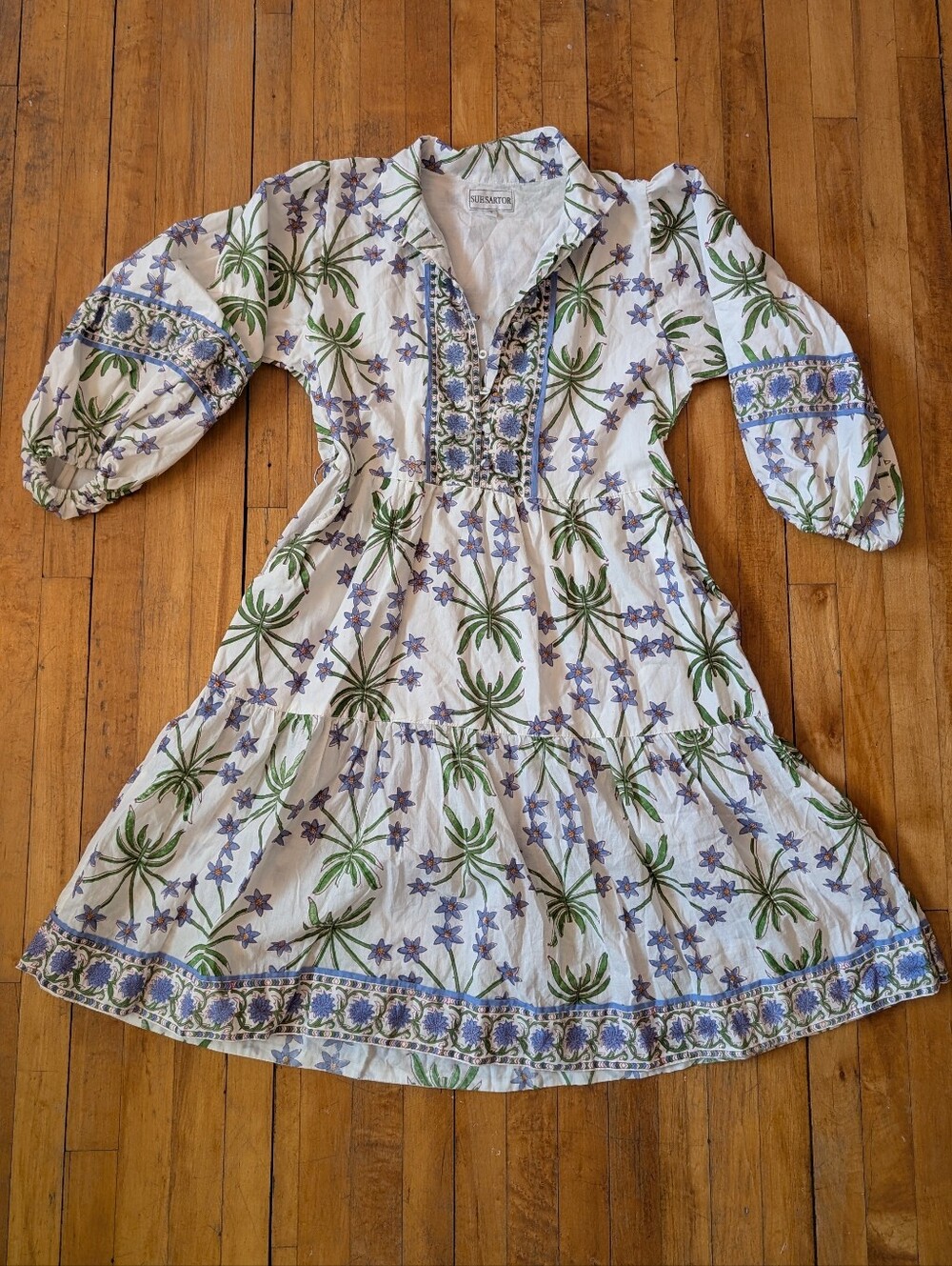 SUE SARTOR Flounce Shorty Mini Lined Cotton Block Print Dress Bermudiana Iris S